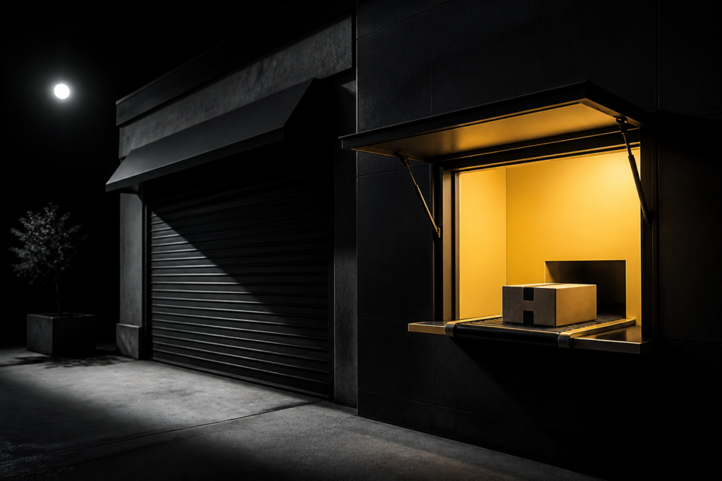 Closed storefront beside an automated service window working at night