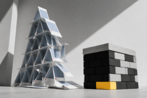 Precarious tower of social media cards beside a solid owned foundation