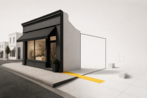Physical storefront ending at an unfinished digital threshold