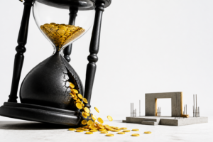 Cracked hourglass leaking coins while a business website remains unfinished
